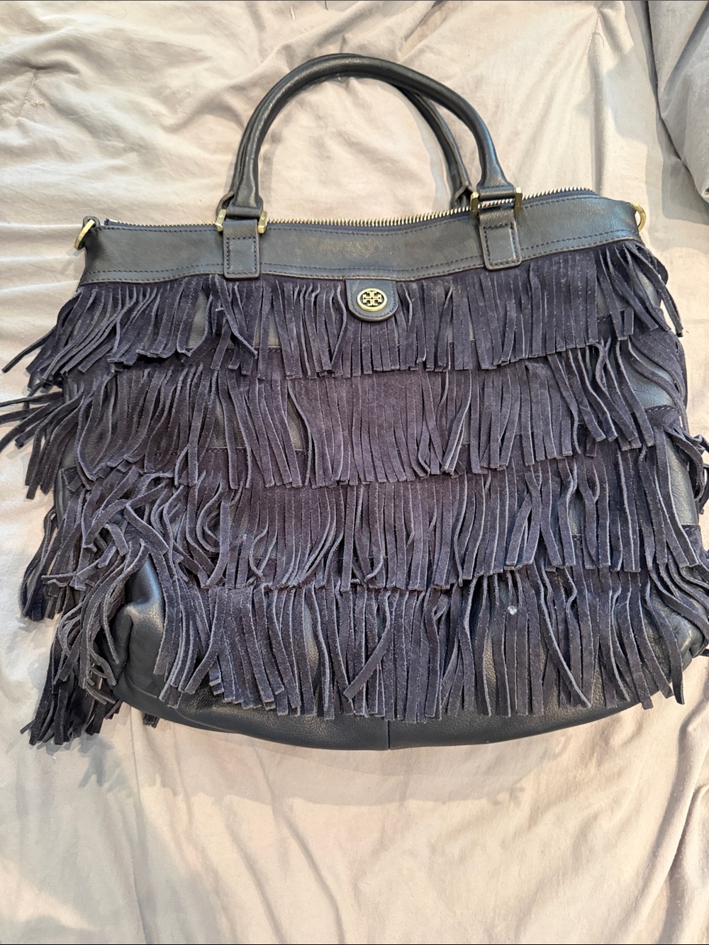 Tory Burch Navy Suede Fringe Tote